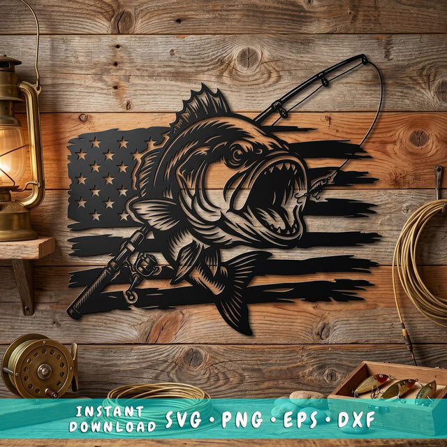 Patriotic Bass Fish Laser SVG | Fishing Metal Wall Art DXF | CNC Plasma Cut File | Bass Fishing Sign Svg | Laser Cut Fishing Decor Png Eps SVG HappyDesignStudio 