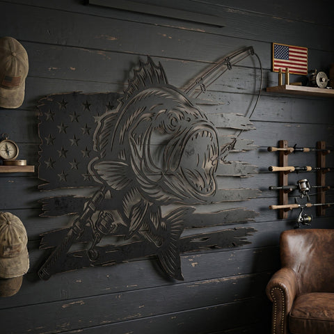 Patriotic Bass Fish Laser SVG | Fishing Metal Wall Art DXF | CNC Plasma Cut File | Bass Fishing Sign Svg | Laser Cut Fishing Decor Png Eps SVG HappyDesignStudio 