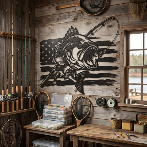 Patriotic Bass Fish Laser SVG | Fishing Metal Wall Art DXF | CNC Plasma Cut File | Bass Fishing Sign Svg | Laser Cut Fishing Decor Png Eps SVG HappyDesignStudio 