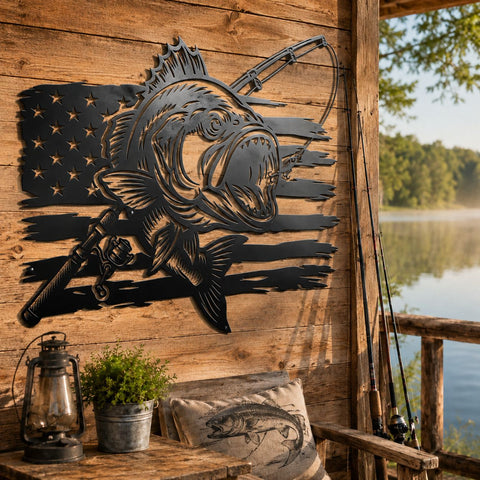 Patriotic Bass Fish Laser SVG | Fishing Metal Wall Art DXF | CNC Plasma Cut File | Bass Fishing Sign Svg | Laser Cut Fishing Decor Png Eps SVG HappyDesignStudio 