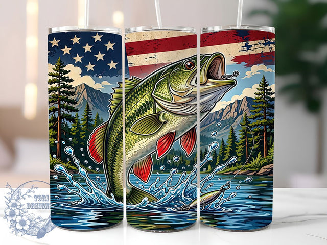 Patriotic Bass Fishing 20oz Tumbler, Bass Motif, Fishing Accent, Patriotic Theme, Americana Design, Outdoor Flair, Sublimation Wrap, 20oz Tumbler Sublimation ToriDesigns 