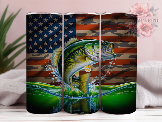 Patriotic Bass Fishing Tumbler, Largemouth Bass, Camo Flag Art, Fishing Tumbler, 20Oz Wrap Design, Outdoor Sublimation, Patriotic Fishing Design Sublimation Li Zamperini 