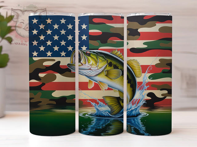 Patriotic Bass Fishing Tumbler, Largemouth Bass Tumbler, Camo Flag Design, 20oz Tumbler Wrap, Sublimation Design, Angler Gift Wrap, Patriotic Fishing Tumbler Sublimation Lara' s Designs 