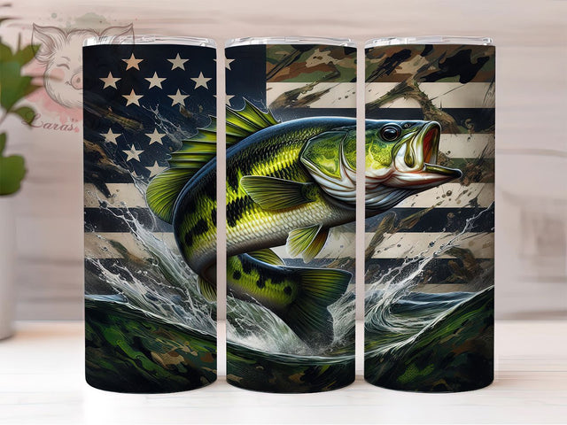 Patriotic Bass Fishing Tumbler, Largemouth Bass Tumbler, Camo Flag Design, 20oz Tumbler Wrap, Sublimation Design, Angler Gift Wrap, Patriotic Fishing Tumbler Sublimation Lara' s Designs 