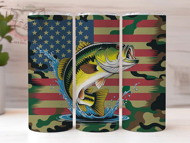 Patriotic Bass Fishing Tumbler, Largemouth Bass Tumbler, Camo Flag Design, 20oz Tumbler Wrap, Sublimation Design, Angler Gift Wrap, Patriotic Fishing Tumbler Sublimation Lara' s Designs 