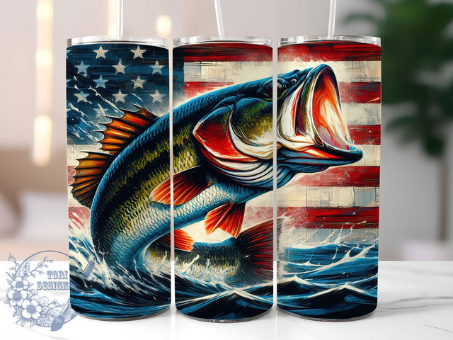 Patriotic Bass Fishing USA Flag Tumbler Wrap, American Flag Tumbler, Patriotic Fishing Design, 20oz Bass Tumbler, USA Flag Fishing Art, Angler Pride Sublimation, Outdoor Sports Wrap Sublimation ToriDesigns 