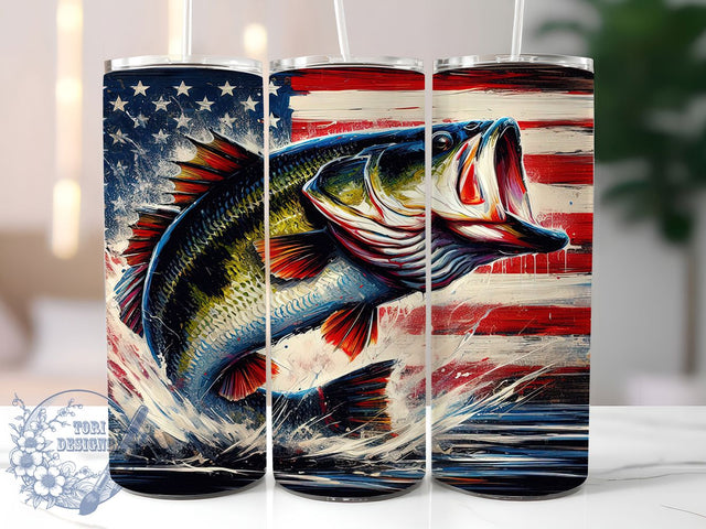 Patriotic Bass Fishing USA Flag Tumbler Wrap, American Flag Tumbler, Patriotic Fishing Design, 20oz Bass Tumbler, USA Flag Fishing Art, Angler Pride Sublimation, Outdoor Sports Wrap Sublimation ToriDesigns 
