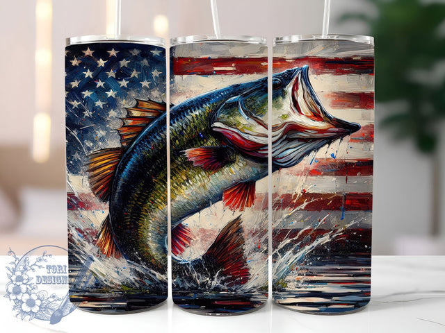 Patriotic Bass Fishing USA Flag Tumbler Wrap, American Flag Tumbler, Patriotic Fishing Design, 20oz Bass Tumbler, USA Flag Fishing Art, Angler Pride Sublimation, Outdoor Sports Wrap Sublimation ToriDesigns 