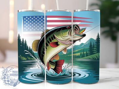 Patriotic Bass Lake 20oz Tumbler Wrap, Patriotic Theme, Bass Fish, Lake Design, Outdoor Style, Rustic Charm, Skinny Tumbler, Sublimation PNG Sublimation ToriDesigns 