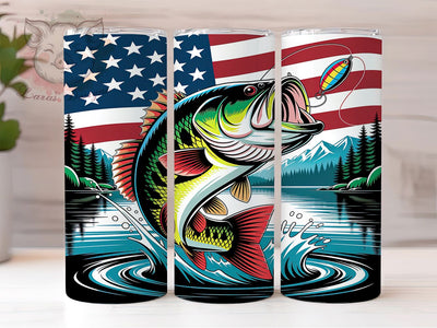 Patriotic Bass Strike 20oz Tumbler, Bass Fishing, Patriotic Theme, American Flag, Outdoor Lifestyle, Whimsical Charm, Skinny Tumbler, Sublimation PNG Sublimation Lara' s Designs 