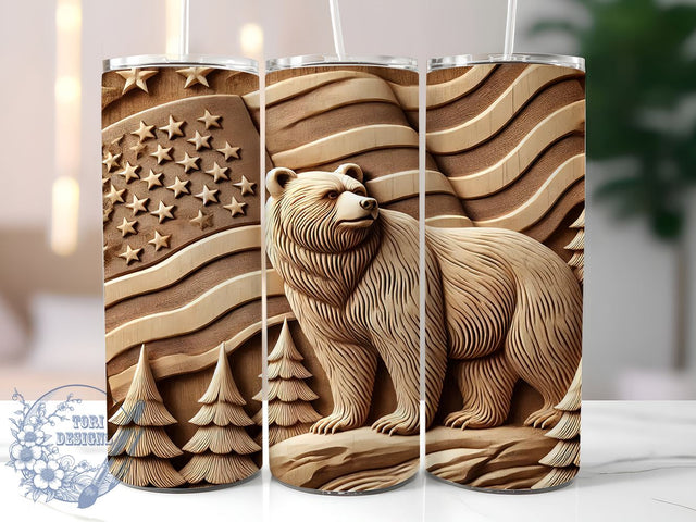 Patriotic Bear Wood 20oz Travel Tumbler, American Flag Tumbler, Wood Design Tumbler, 20oz Tumbler, Sublimation Wrap, Patriotic Gifts, Travel Mug Sublimation ToriDesigns 