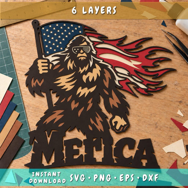 Patriotic Bigfoot 3D SVG | American Flag Sasquatch Laser Cut File | 6 Layer Bigfoot SVG | Merica DXF | Patriotic Wall Art 3D Paper HappyDesignStudio 