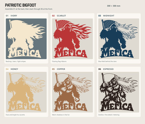 Patriotic Bigfoot 3D SVG | American Flag Sasquatch Laser Cut File | 6 Layer Bigfoot SVG | Merica DXF | Patriotic Wall Art 3D Paper HappyDesignStudio 