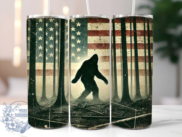 Patriotic Bigfoot American Flag Tumbler, American Flag Design, 20oz Tumbler Wrap, Sasquatch Gift, Patriotic Tumbler, Outdoor Enthusiast Mug, Funny Bigfoot Gift Sublimation ToriDesigns 