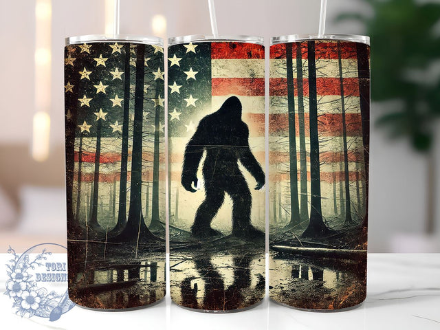 Patriotic Bigfoot American Flag Tumbler, American Flag Design, 20oz Tumbler Wrap, Sasquatch Gift, Patriotic Tumbler, Outdoor Enthusiast Mug, Funny Bigfoot Gift Sublimation ToriDesigns 