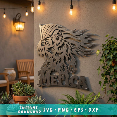 Patriotic Bigfoot Laser SVG | Merica Sasquatch Metal Wall Art | Plasma CNC Laser Cut File | Merica Laser Svg | USA Flag Metal Art Design SVG HappyDesignStudio 