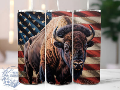 Patriotic Bison Flag 20oz Tumbler, Patriotic USA Wrap, American Flag Bison, Majestic Bison Theme, USA Animal Tribute, 20oz Tumbler Design, PNG Tumbler Wrap Sublimation ToriDesigns 