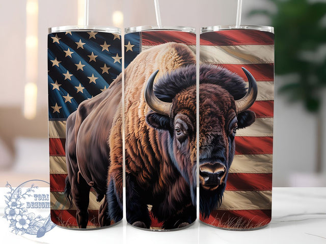 Patriotic Bison Flag 20oz Tumbler, Patriotic USA Wrap, American Flag Bison, Majestic Bison Theme, USA Animal Tribute, 20oz Tumbler Design, PNG Tumbler Wrap Sublimation ToriDesigns 