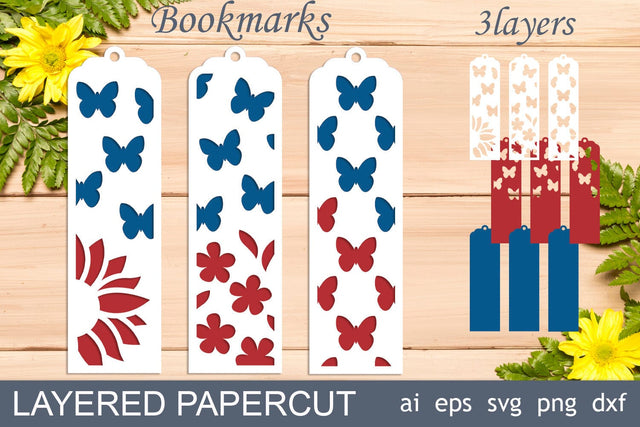 Patriotic bookmarks with sunflower and butterfly, Layered svg template 3D Paper AnastasiyaArtDesign 