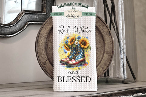 Patriotic Boots with Flowers - Sublimation Kitchen Towel Designs Sublimation Ewe-N-Me Designs 
