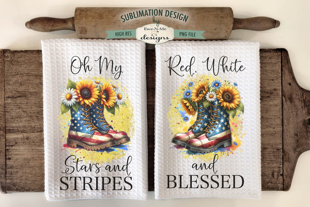 Patriotic Boots with Flowers - Sublimation Kitchen Towel Designs Sublimation Ewe-N-Me Designs 