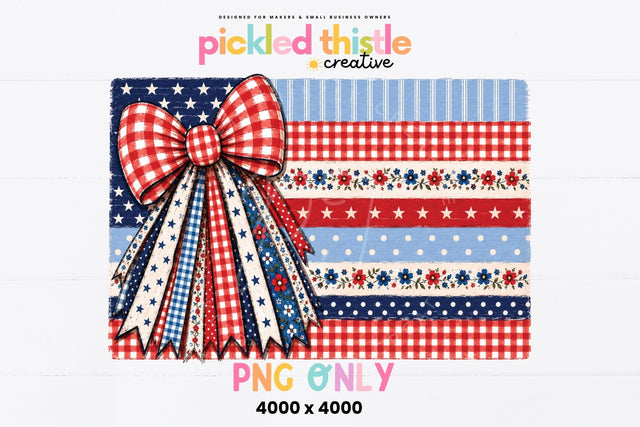 Patriotic Bow PNG, USA Flag Bow Design, Fourth of July Coquette PNG Sublimation Pickled Thistle Creative 