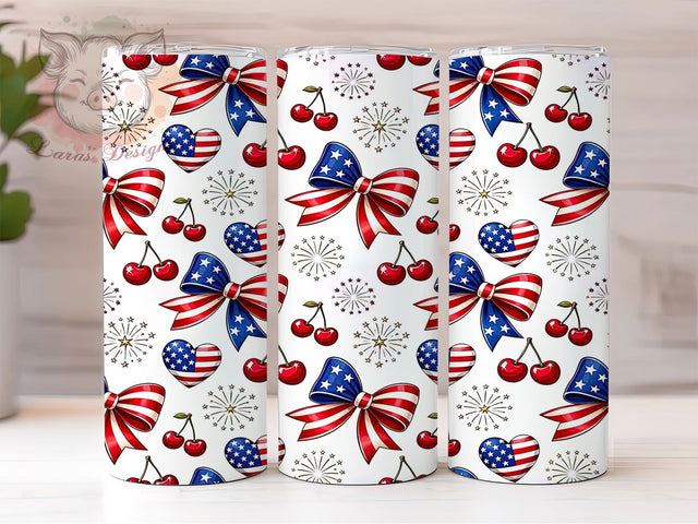 Patriotic Bows & Cherries 20oz Tumbler, Patriotic Theme, Bow Motif, Cherry Pattern, Festive Style, Stars and Stripes, Skinny Tumbler, Sublimation PNG Sublimation Lara' s Designs 