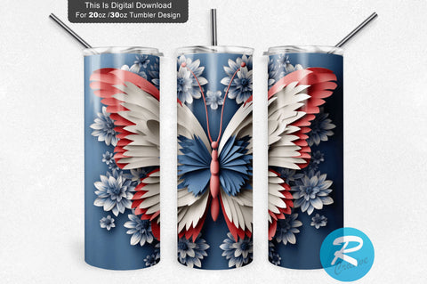 Patriotic Butterfly 3D 20 Oz Tumbler 3D Paper Regulrcrative 