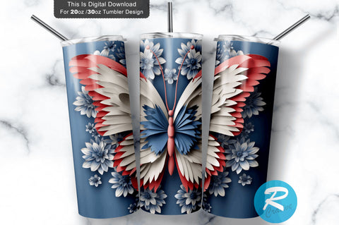 Patriotic Butterfly 3D 20 Oz Tumbler 3D Paper Regulrcrative 
