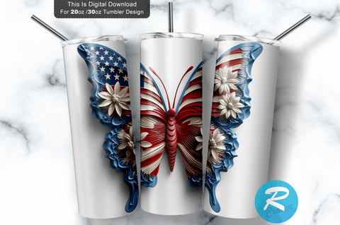 Patriotic Butterfly 3D 20 Oz Tumbler Sublimation Regulrcrative 