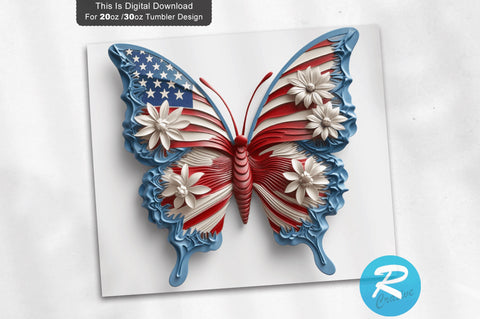 Patriotic Butterfly 3D 20 Oz Tumbler Sublimation Regulrcrative 