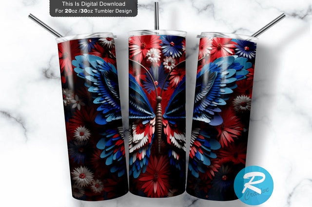 Patriotic Butterfly 3D 20 Oz Tumbler Sublimation Regulrcrative 