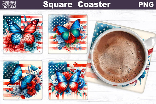 Patriotic Butterfly Square Coaster | 4th Of July Coaster Sublimation WatercolorColorDream 