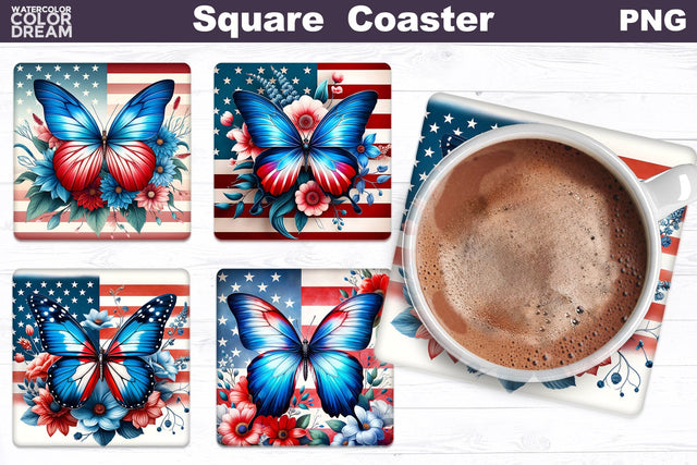 Patriotic Butterfly Square Coaster Sublimation WatercolorColorDream 