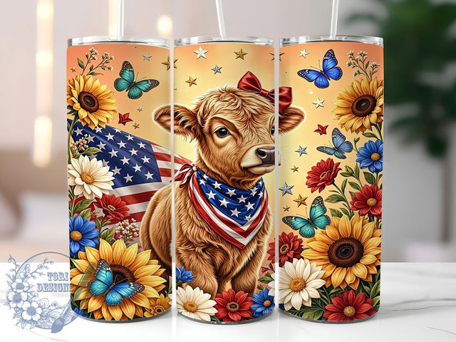Patriotic Calf Flower Glow 20oz Tumbler, Patriotic Theme, Calf Motif, Flower Design, Glow Effect, Rustic Charm, Skinny Tumbler, Sublimation PNG Sublimation ToriDesigns 