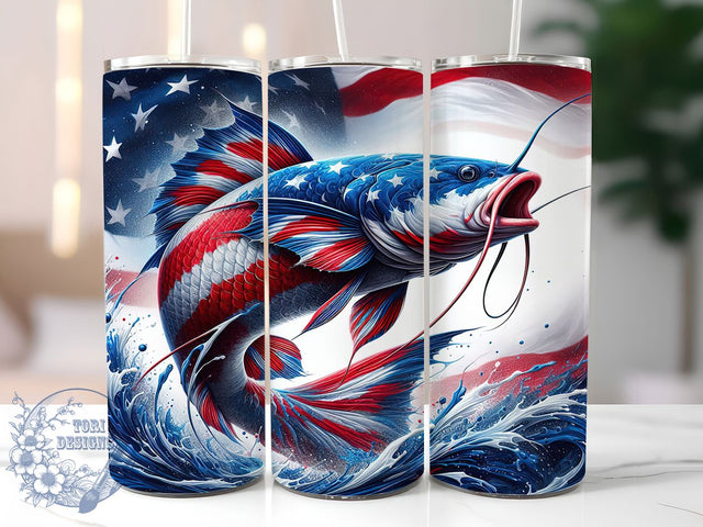 Patriotic Catfish Fishing Tumbler Wrap, Fishing Tumbler Design, Patriotic Tumbler Wrap, 20oz Skinny Tumbler, Sublimation Tumbler Design, American Flag Tumbler, Fishing Gift For Men Sublimation ToriDesigns 