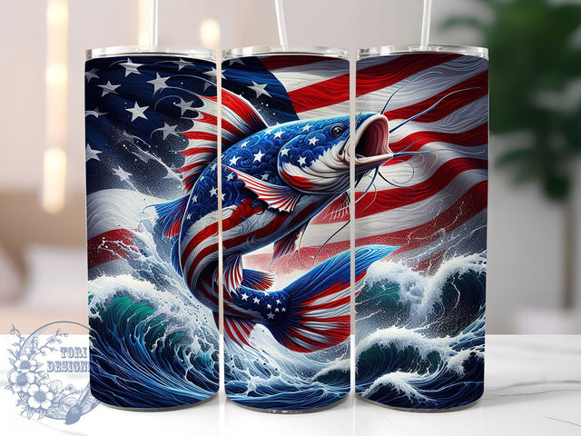 Patriotic Catfish Fishing Tumbler Wrap, Fishing Tumbler Design, Patriotic Tumbler Wrap, 20oz Skinny Tumbler, Sublimation Tumbler Design, American Flag Tumbler, Fishing Gift For Men Sublimation ToriDesigns 