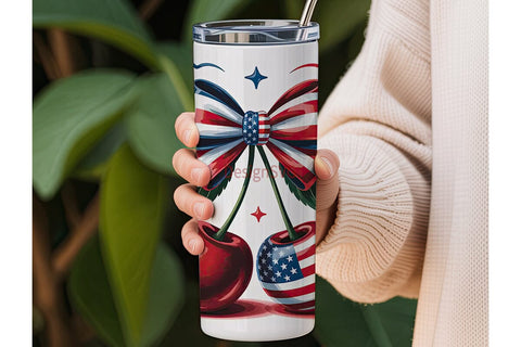 Patriotic Cherries & Bow 20oz Tumbler Sublimation DesignSVG 