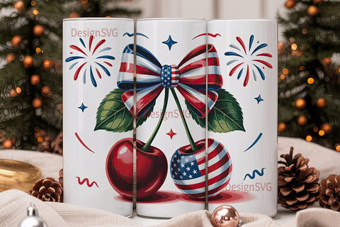 Patriotic Cherries & Bow 20oz Tumbler Sublimation DesignSVG 