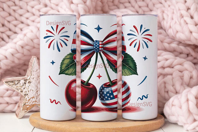 Patriotic Cherries & Bow 20oz Tumbler Sublimation DesignSVG 