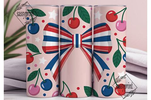 Patriotic Cherry Bow 20oz Tumbler Wrap Sublimation sassyprint 