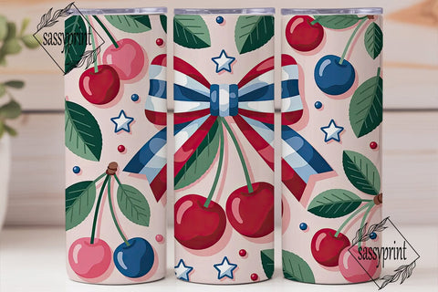 Patriotic Cherry Bow 20oz Tumbler Wrap Sublimation sassyprint 