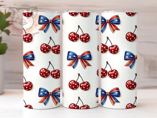 Patriotic Cherry Bows 20oz Tumbler, Cherry Motif, Bow Design, Patriotic Theme, American Flag, Festive Charm, Skinny Tumbler, Sublimation PNG Sublimation Lara' s Designs 