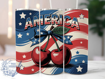 Patriotic Cherry Design 20oz Tumbler, USA Flag Wrap, Sublimation Gift, Patriotic Mug, 20oz Tumbler Design, Cherry Graphic, American Pride Theme Sublimation ToriDesigns 