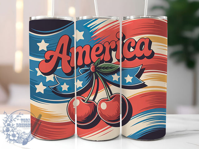 Patriotic Cherry Design 20oz Tumbler, USA Flag Wrap, Sublimation Gift, Patriotic Mug, 20oz Tumbler Design, Cherry Graphic, American Pride Theme Sublimation ToriDesigns 