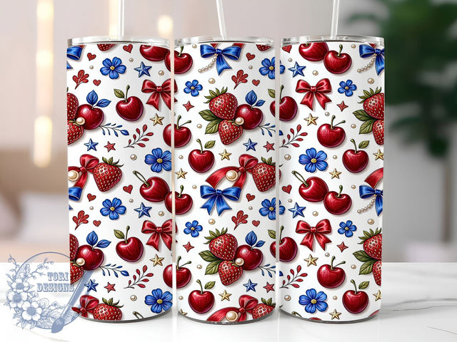 Patriotic Cherry Star 20oz Tumbler Wrap, Cherry Motif, Star Theme, Patriotic Style, Glitter Effect, Whimsical Charm, Skinny Tumbler, Sublimation PNG Sublimation ToriDesigns 