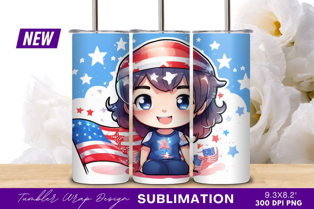 Patriotic chibi girl with american flag tumbler png Sublimation Regulrcrative 