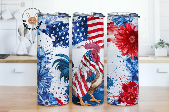 Patriotic Chicken Tumbler Wrap 4th July Png Design Skinny Tumbler Sublimation American Flag Tumbler Seamless Floral Pattern Digital Download Sublimation Rabbitmakies 
