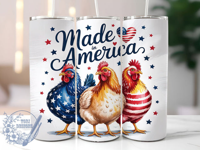 Patriotic Chicken USA Flag Farm Tumbler, USA Flag Chicken Wrap, Made In America PNG, 20oz Sublimation Wrap, Farm Animal Tumbler, Fourth Of July Cup, Red White Blue Chicken Design Sublimation ToriDesigns 