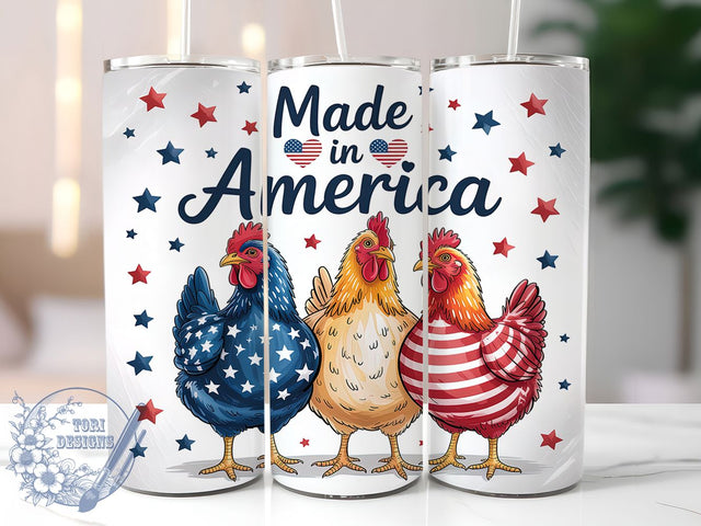 Patriotic Chicken USA Flag Farm Tumbler, USA Flag Chicken Wrap, Made In America PNG, 20oz Sublimation Wrap, Farm Animal Tumbler, Fourth Of July Cup, Red White Blue Chicken Design Sublimation ToriDesigns 
